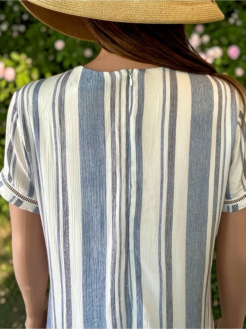 Lulus Blue & White Striped Shift Mini Dress XS Lined Rayon Coastal Boho - Picture 3 of 7